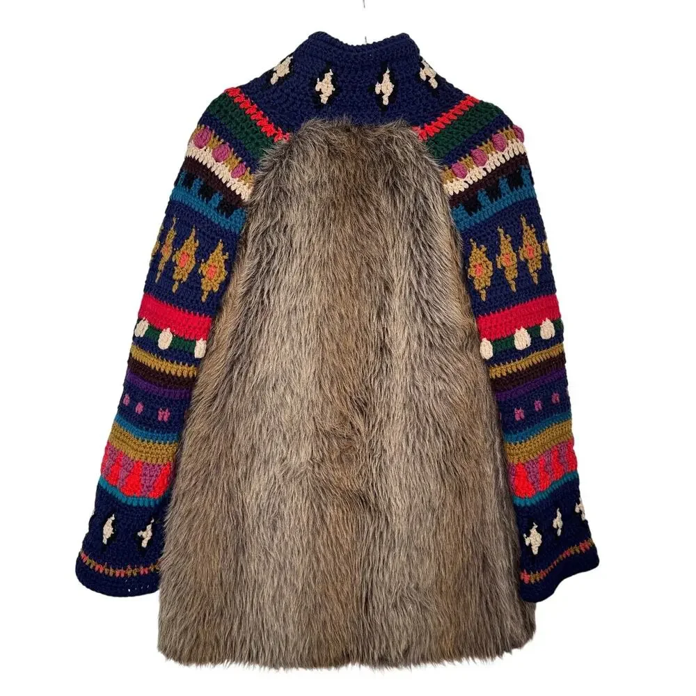 Handmade Upcycled Faux Fur Crochet Coat Boho Folk Art Festival Jacket Unisex M/L